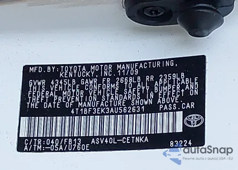 2010 Toyota Camry Le from USA, damaged, VIN 4T1BF3EK3AU562631